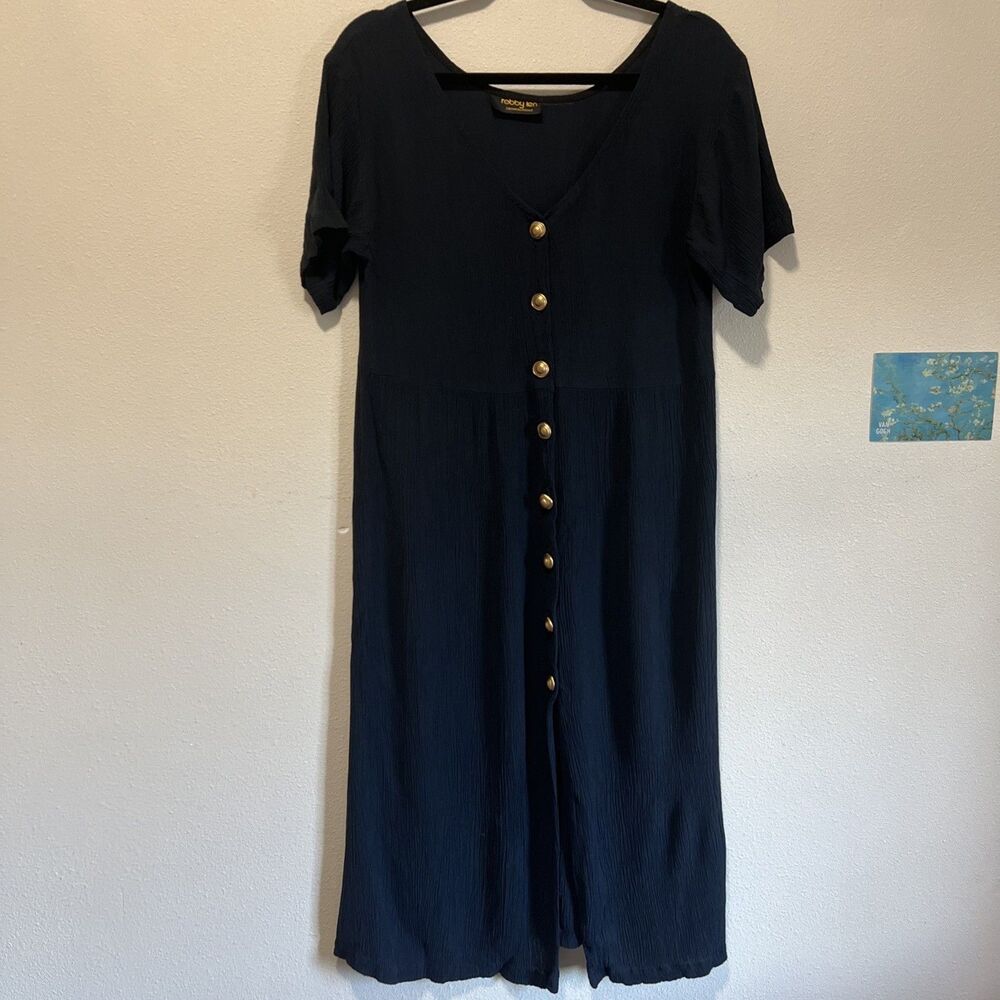 Women’s VTG Black Slip Dress Gold Buttons Slit 90s Rachel - Picture 2 of 5